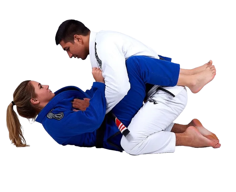 A guard exchange — one grappler in a blue gi playing guard from the bottom, the other in a white gi posturing up to pass.